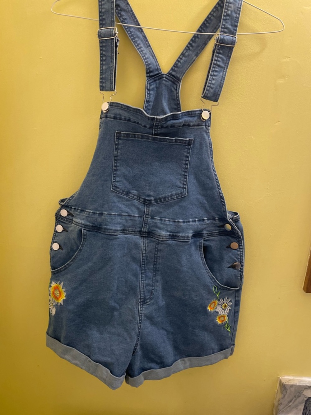 Denim Overall Shorts with Embroidered Floral Detail